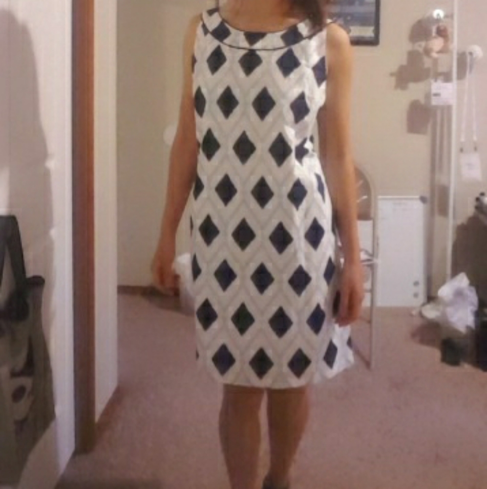 Talbots sleeveless white dress with blue diamonds